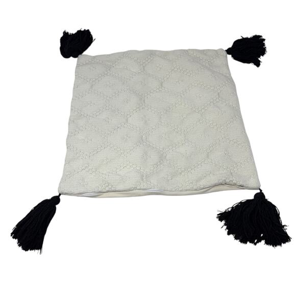Quilted Cream Decorative Square Pillow Cover Sham With Black Tassels Boho Style - Picture 1 of 11